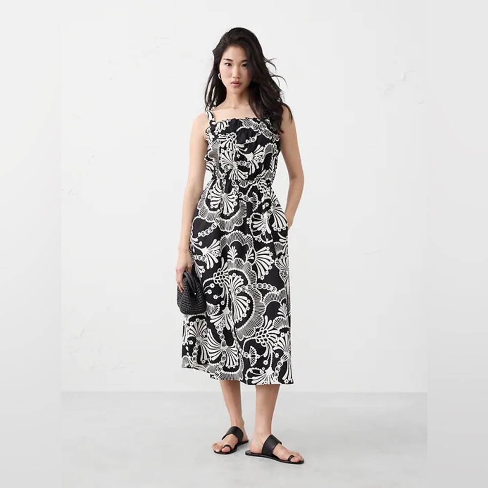 Banana Republic POPLIN ELASTIC-GATHER MIDI DRESS Black Abstract Floral